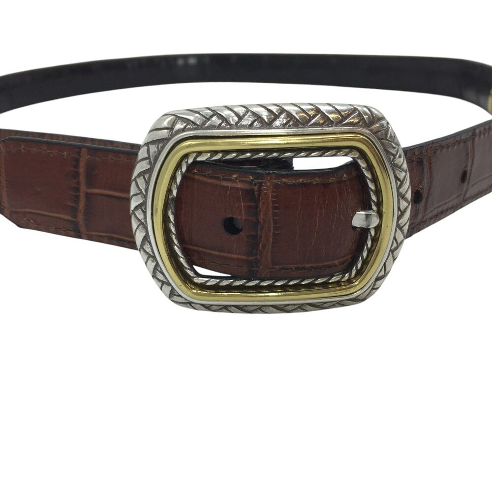 Brighton Womens M 33-37" Reversible Leather Belt Black/Brown Croc Print 1"